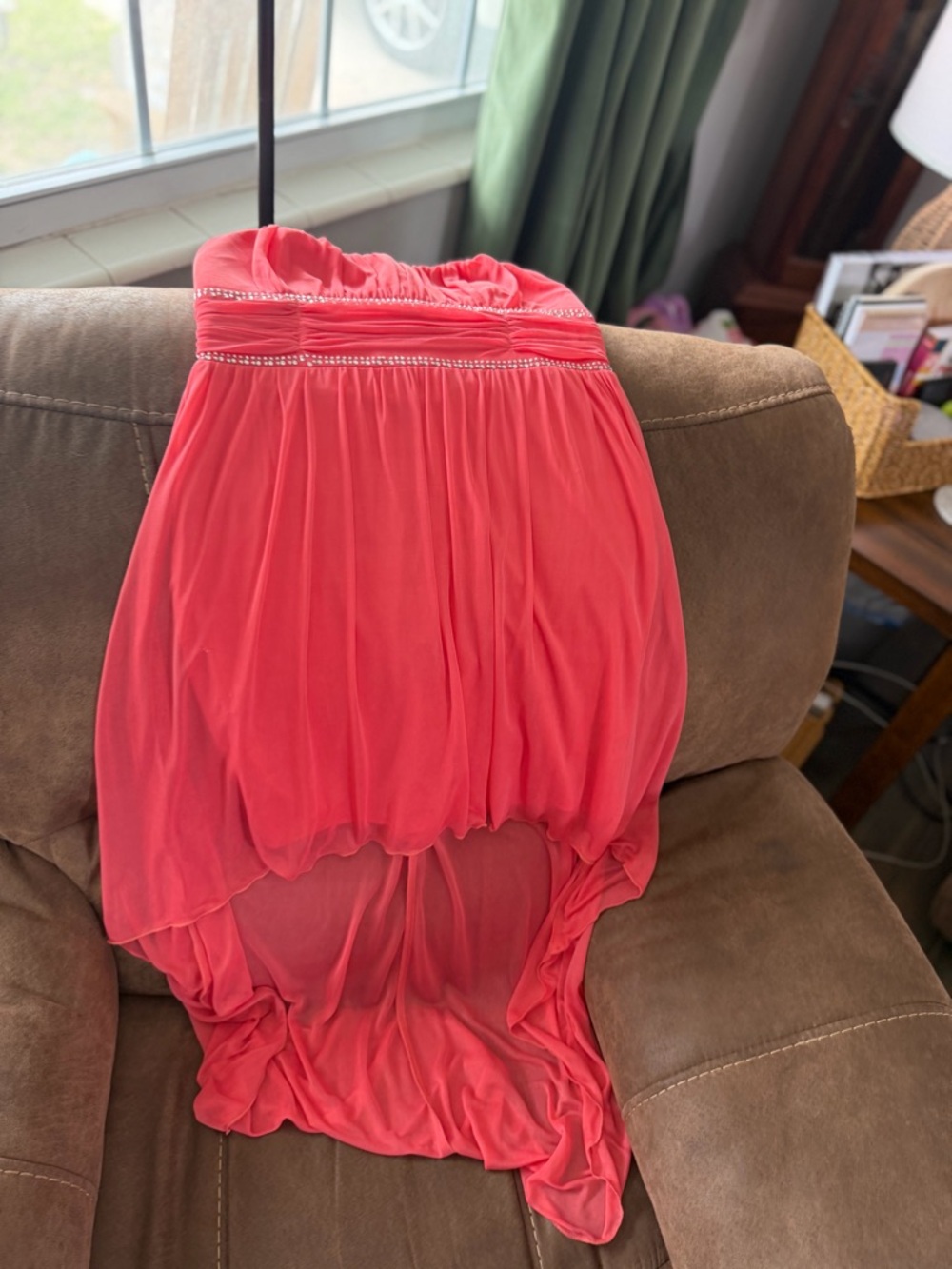 Strapless Coral High-Low Chiffon Dress